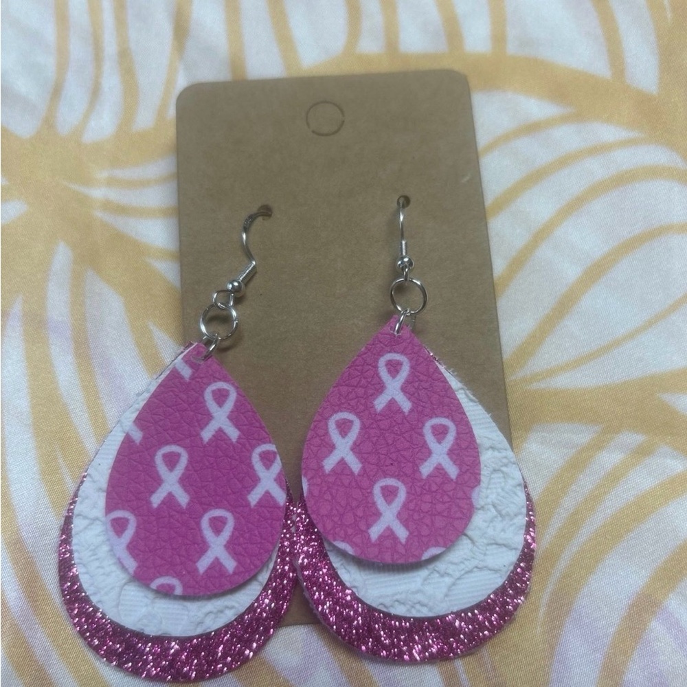 Pink Ribbon Layered Teardrop Earrings - Support Awareness